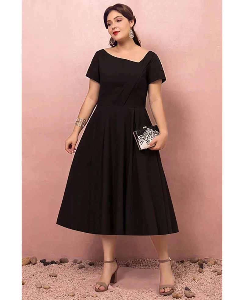 Custom Simple Retro Black Tea Length Semi Formal Dress with Short