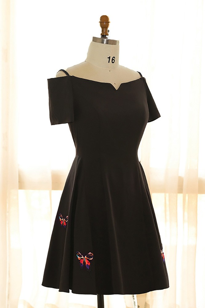 Custom Simple Black Aline Little Black Dress Short Sleeve with Butterflies High Quality ZN104 - GemGrace.com Custom Simple Black Aline Little Black Dress Short Sleeve with Butterflies High Quality ZN104 - GemGrace.com