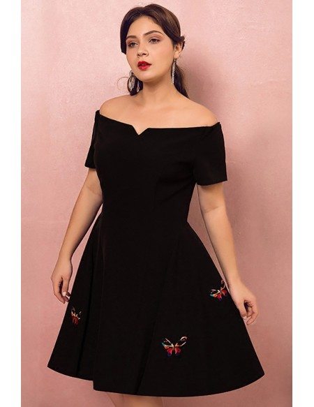 Custom Simple Black Aline Little Black Dress Short Sleeve with Butterflies High Quality