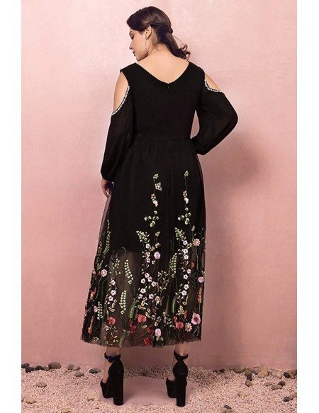 Custom Black Tea Length Modest Party Dress Vneck with Colorful Flowers Embroidery High Quality