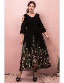 Custom Black Tea Length Modest Party Dress Vneck with Colorful Flowers Embroidery High Quality