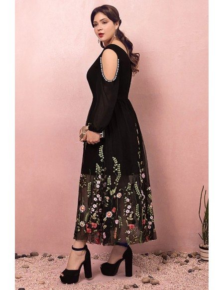 Custom Black Tea Length Modest Party Dress Vneck with Colorful Flowers ...