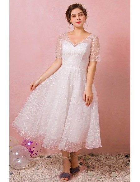 Custom Tea Length Sequined Pattern Modest Wedding Party Dress Plus Size High Quality