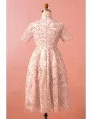 Custom Modest Lace Tea Length Wedding Party Dress with Short Sleeves High Quality