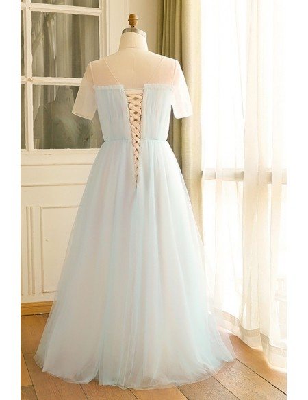 Custom Pretty Light Blue Long Tulle Prom Dress with Modest Sheer Sleeves High Quality