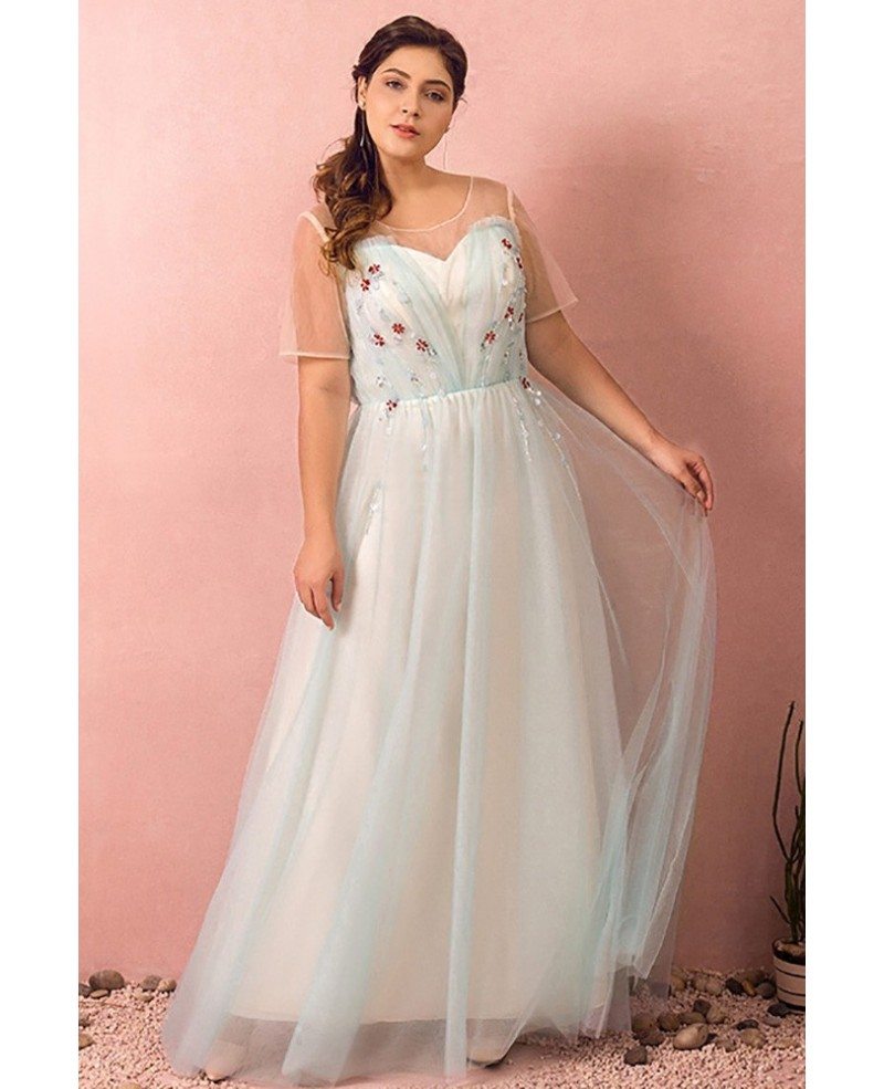 Custom Pretty Light Blue Long Tulle Prom Dress with Modest Sheer ...