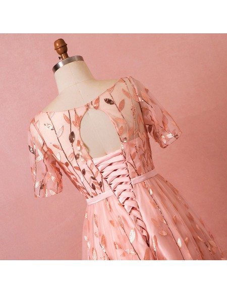 Custom Pink Leaf Embroidery Modest Long Prom Dress with Sleeves High Quality