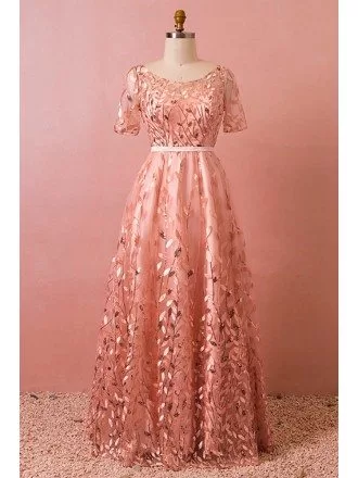 Custom Pink Leaf Embroidery Modest Long Prom Dress with Sleeves High Quality