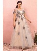 Custom Beaded Flowers Long Tulle Modest Prom Dress with Sheer Short Sleeves Plus Size High Quality