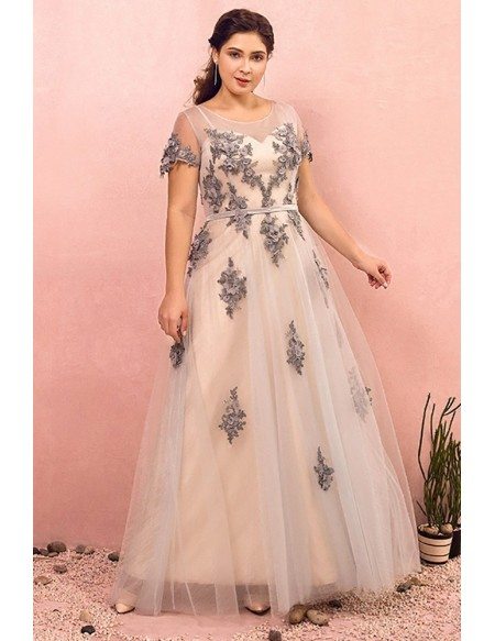 Custom Beaded Flowers Long Tulle Modest Prom Dress with Sheer Short Sleeves Plus Size High Quality