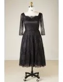 Custom Black Lace Tea Length Special Occasion Dress Square Neck with 3/4 Sleeves High Quality