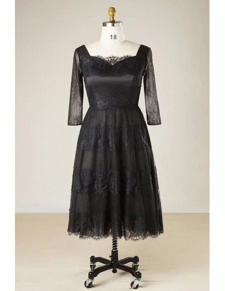 Custom Black Lace Tea Length Special Occasion Dress Square Neck with 3/4 Sleeves High Quality