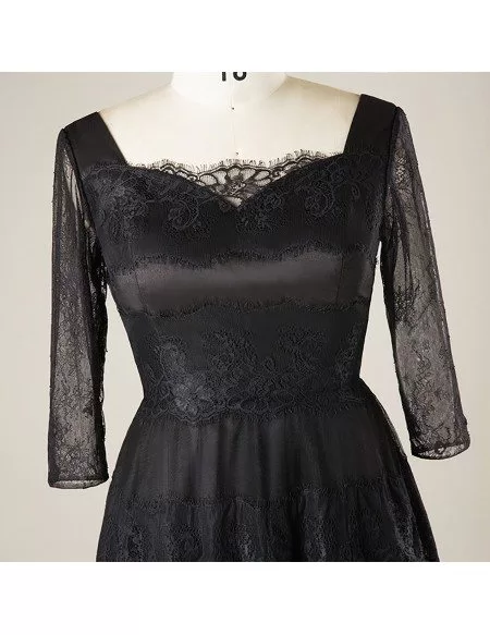 Custom Black Lace Tea Length Special Occasion Dress Square Neck with 3/4 Sleeves High Quality