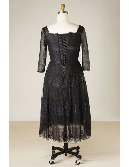 Custom Black Lace Tea Length Special Occasion Dress Square Neck with 3/4 Sleeves High Quality