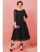 Custom Black Lace Tea Length Special Occasion Dress Square Neck with 3/4 Sleeves High Quality