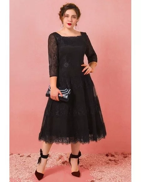 Custom Black Lace Tea Length Special Occasion Dress Square Neck with 3/4 Sleeves High Quality