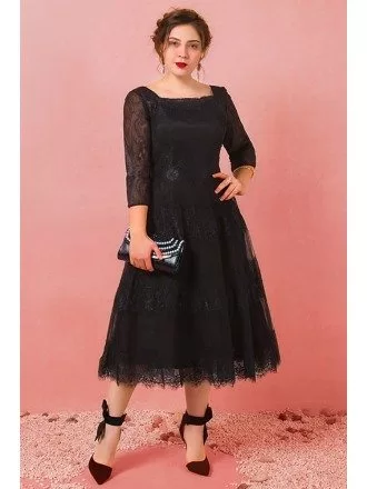 Custom Black Lace Tea Length Special Occasion Dress Square Neck with 3/4 Sleeves High Quality