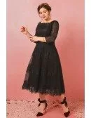 Custom Black Lace Tea Length Special Occasion Dress Square Neck with 3/4 Sleeves High Quality