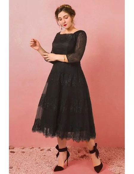 Custom Black Lace Tea Length Special Occasion Dress Square Neck with 3/4 Sleeves High Quality