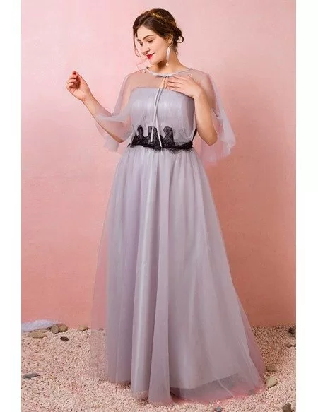 Custom Elegant Grey Long Tulle Wedding Party Dress with Cape Plus Size High Quality