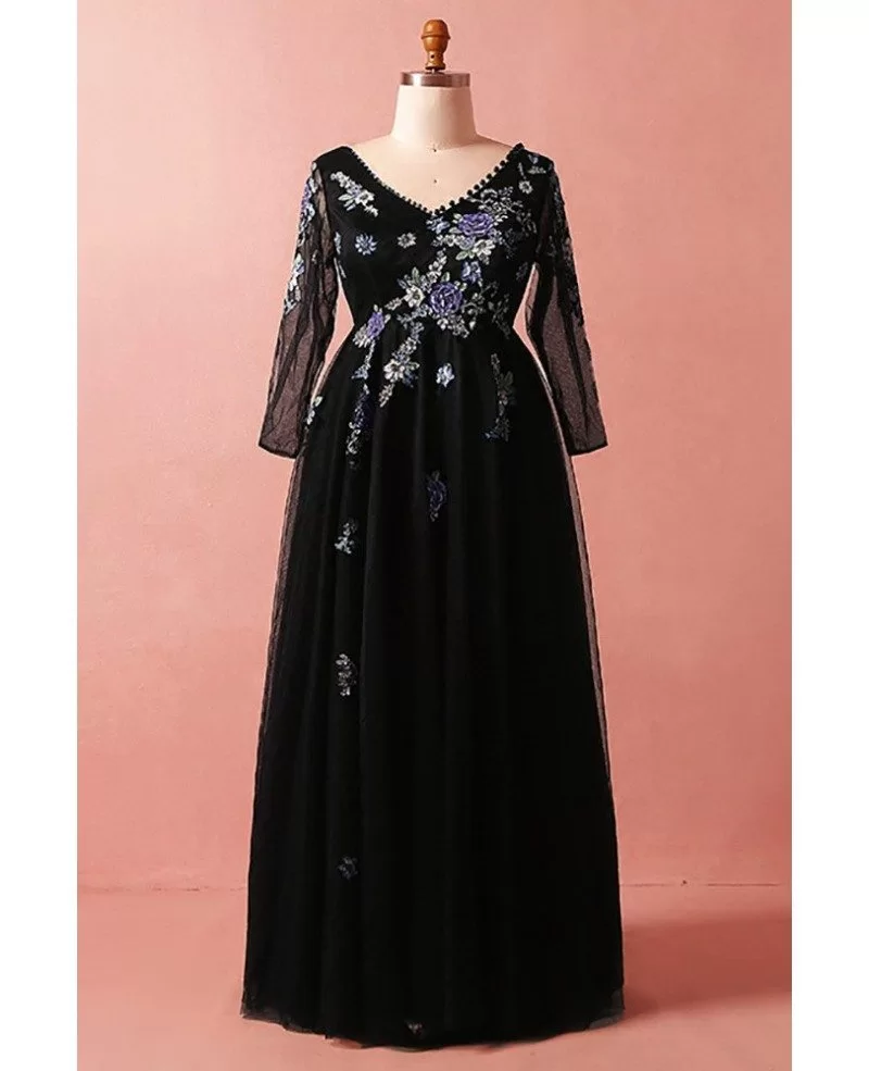 Custom Black Modest Vneck Formal Dress with Embroidered Long Sleeves ...