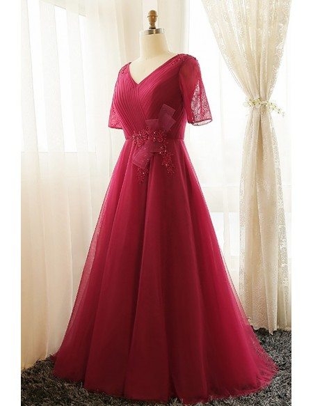 Custom Burgundy Pleated Tulle Wedding Party Dress Vneck with Short Sleeves High Quality