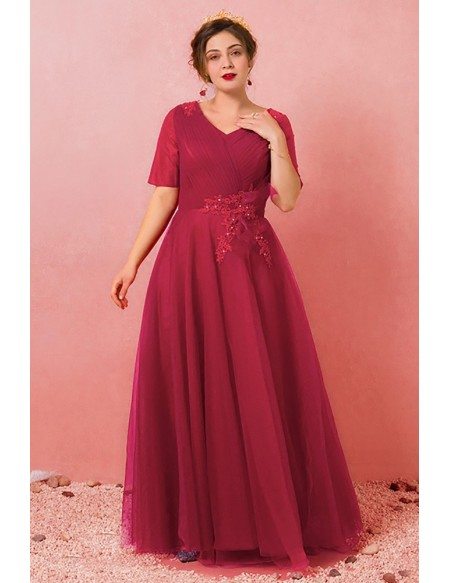 Custom Burgundy Pleated Tulle Wedding Party Dress Vneck with Short Sleeves High Quality