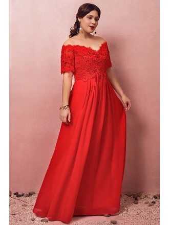Custom Red Empire Chiffon Sequined Red Lace Formal Dress with Short Sleeves Plus Size High Quality