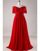 Custom Red Empire Chiffon Sequined Red Lace Formal Dress with Short Sleeves Plus Size High Quality