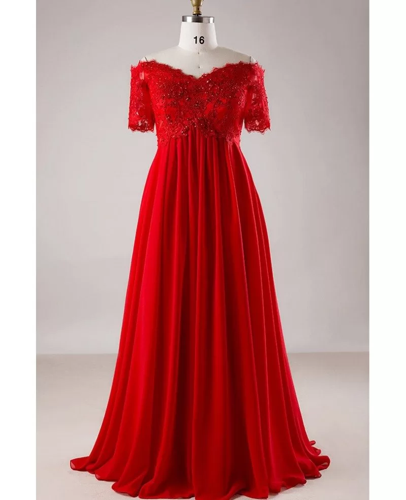 Custom Red Empire Chiffon Sequined Red Lace Formal Dress with Short