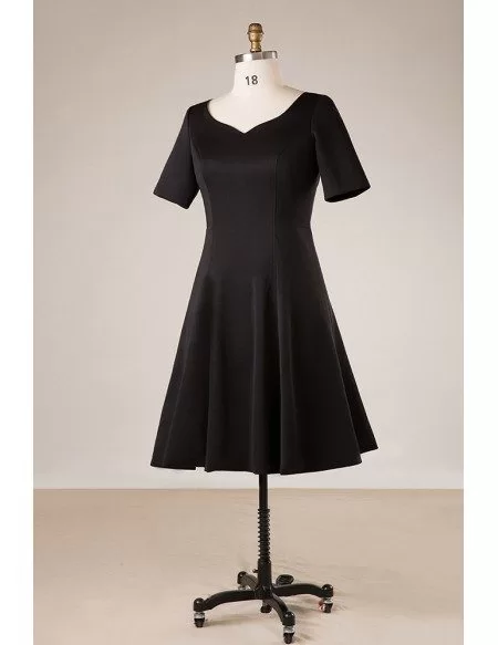 Custom Simple Chic Black Tea Length Semi Formal Dress with Sleeves High Quality