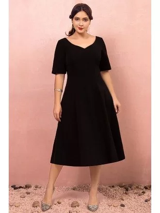 Custom Simple Chic Black Tea Length Semi Formal Dress with Sleeves High Quality