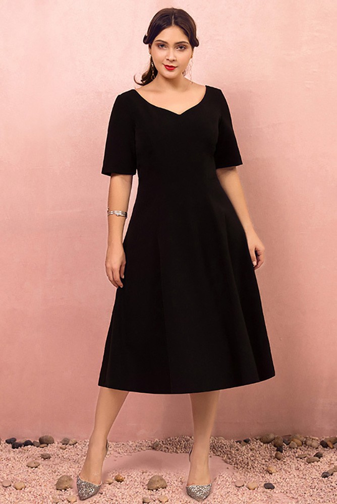Custom Simple Chic Black Tea Length Semi Formal Dress with Sleeves High ...