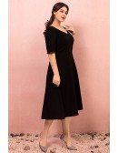 Custom Simple Chic Black Tea Length Semi Formal Dress with Sleeves High Quality