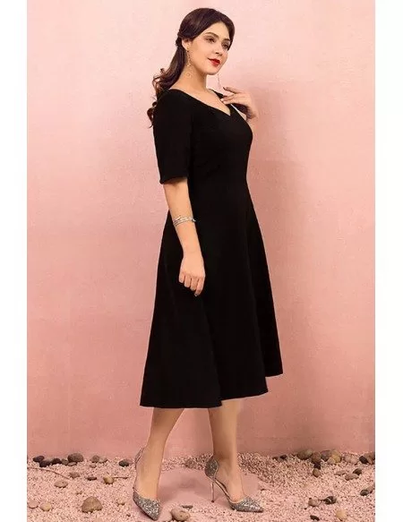 Custom Simple Chic Black Tea Length Semi Formal Dress with Sleeves High Quality