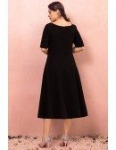 Custom Simple Chic Black Tea Length Semi Formal Dress with Sleeves High Quality