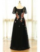 Custom Black Tulle Formal Dress Vneck with Colorful Flowers Embroidery High Quality