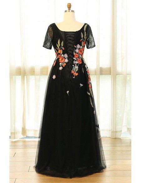 Custom Black Tulle Formal Dress Vneck with Colorful Flowers Embroidery High Quality