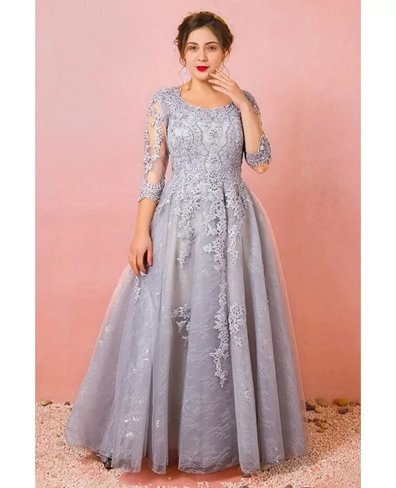 Custom Grey Modest Round Neck Lace Formal Dress with Tulle