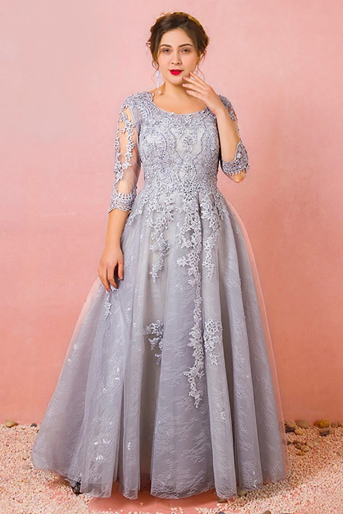 Custom Grey Modest Round Neck Lace Formal Dress with Tulle Sleeves Plus ...