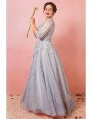 Custom Grey Modest Round Neck Lace Formal Dress with Tulle Sleeves Plus Size High Quality