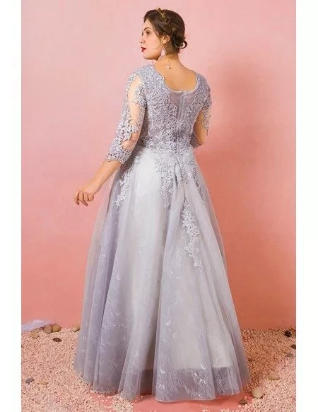 Custom Grey Modest Round Neck Lace Formal Dress with Tulle Sleeves Plus Size High Quality