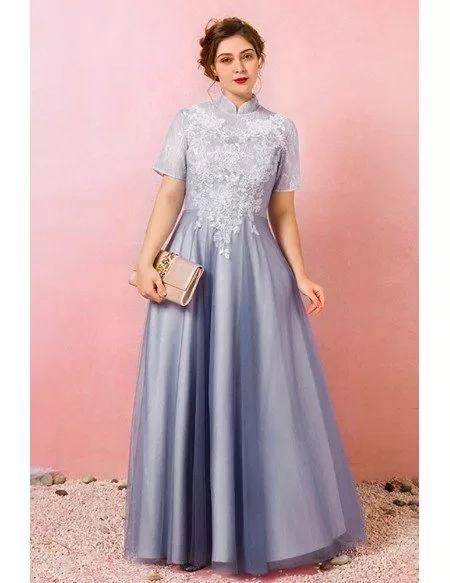 Custom Dusty Blue Modest Lace Formal Dress with Collar Short Sleeves Plus Size High Quality