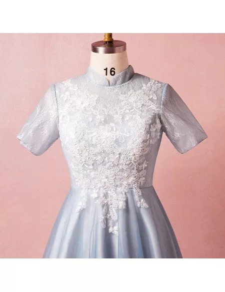 Custom Dusty Blue Modest Lace Formal Dress with Collar Short Sleeves Plus Size High Quality