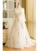 Custom Long Tulle Flowers Embroidery Formal Party Dress with Puffy Sleeves High Quality