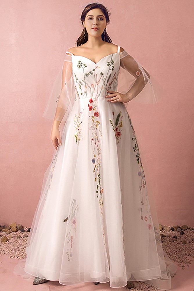 Custom Long Tulle Flowers Embroidery Formal Party Dress with Puffy Sleeves  High Quality ZN093 - GemGrace.com