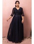 Custom Navy Blue Beaded Lace Formal Party Dress with Vneck Tulle Sleeves Plus Size High Quality