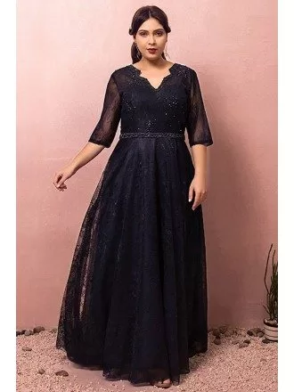 Custom Navy Blue Beaded Lace Formal Party Dress with Vneck Tulle Sleeves Plus Size High Quality