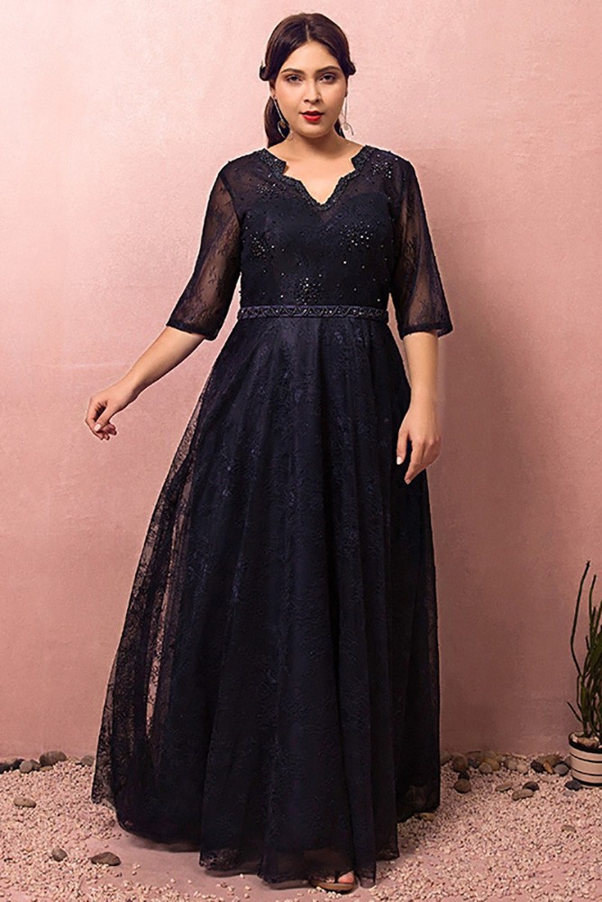Custom Navy Blue Beaded Lace Formal Party Dress with Vneck Tulle ...