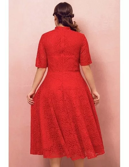 Custom Red Lace Modest Mid Length Wedding Party Dress with Collar Short Sleeves High Quality